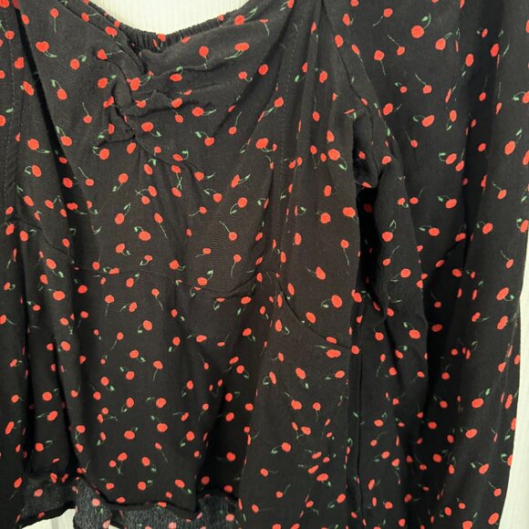 EUC, Free People Julia Cherry Print Blouse, Smocked Back, Black, Size L - Picture 3 of 14